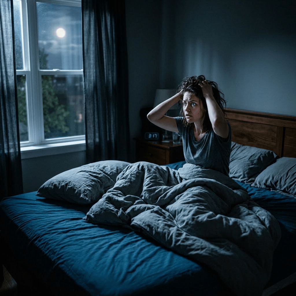Woman sitting on bed at night holding head with hands looking worried