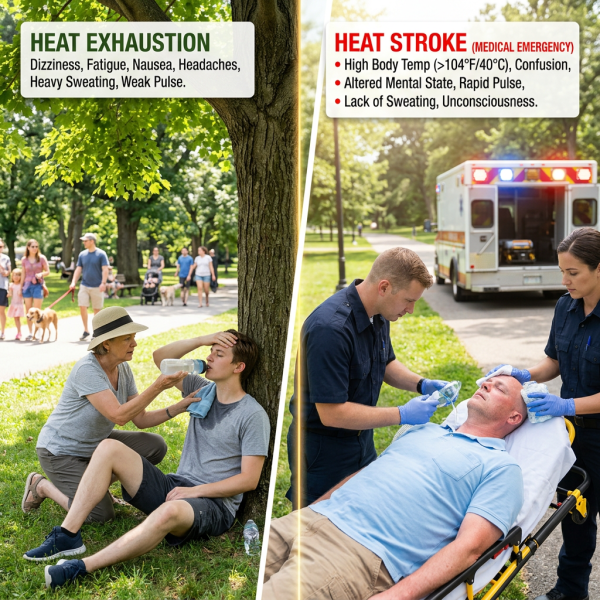 Side-by-side images showing heat exhaustion symptoms with a young man being helped and heat stroke emergency with EMTs assisting a man on a stretcher