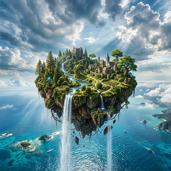 Floating island with a village, trees, waterfalls, and ocean beneath